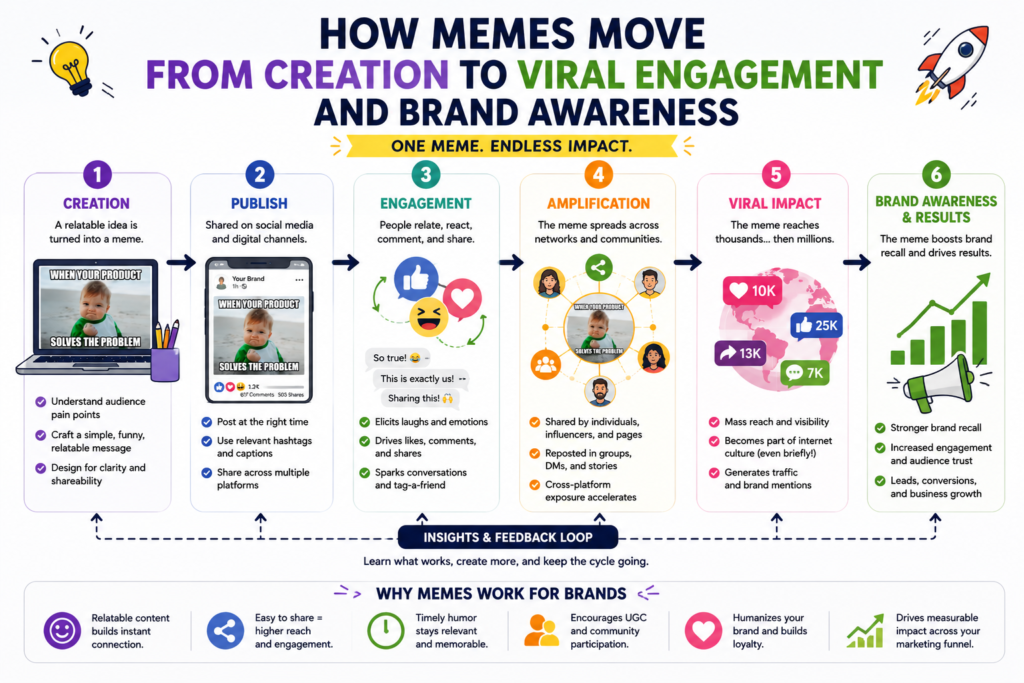 Step-by-step Explaination of how memes move from creation to viral engagement and brand awareness