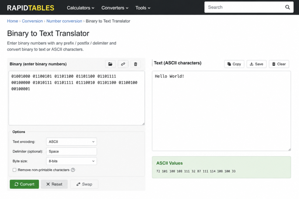 Screenshot of rapidtable's binary code to text translator
