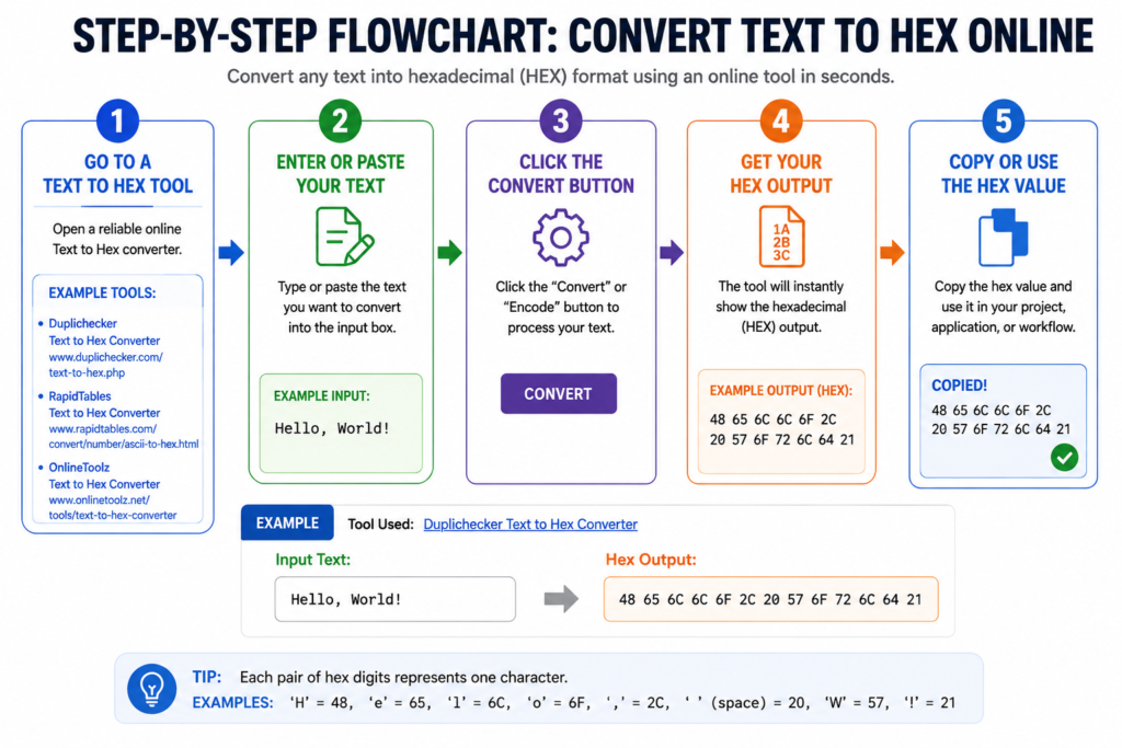 5-Step flowchart on how to convert text to hexadecimal