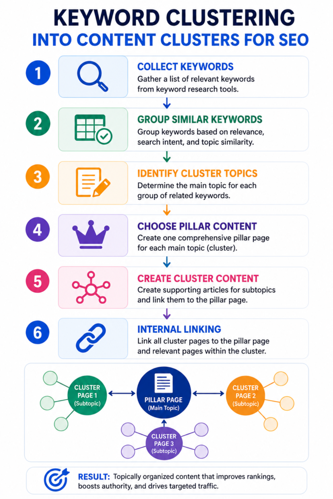 6 step flowchart about keyword clustering into content cluster for SEO 