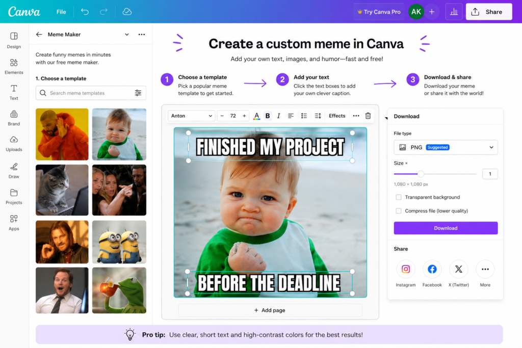 screenshot of canva on how to create your own custom meme using a template on canva