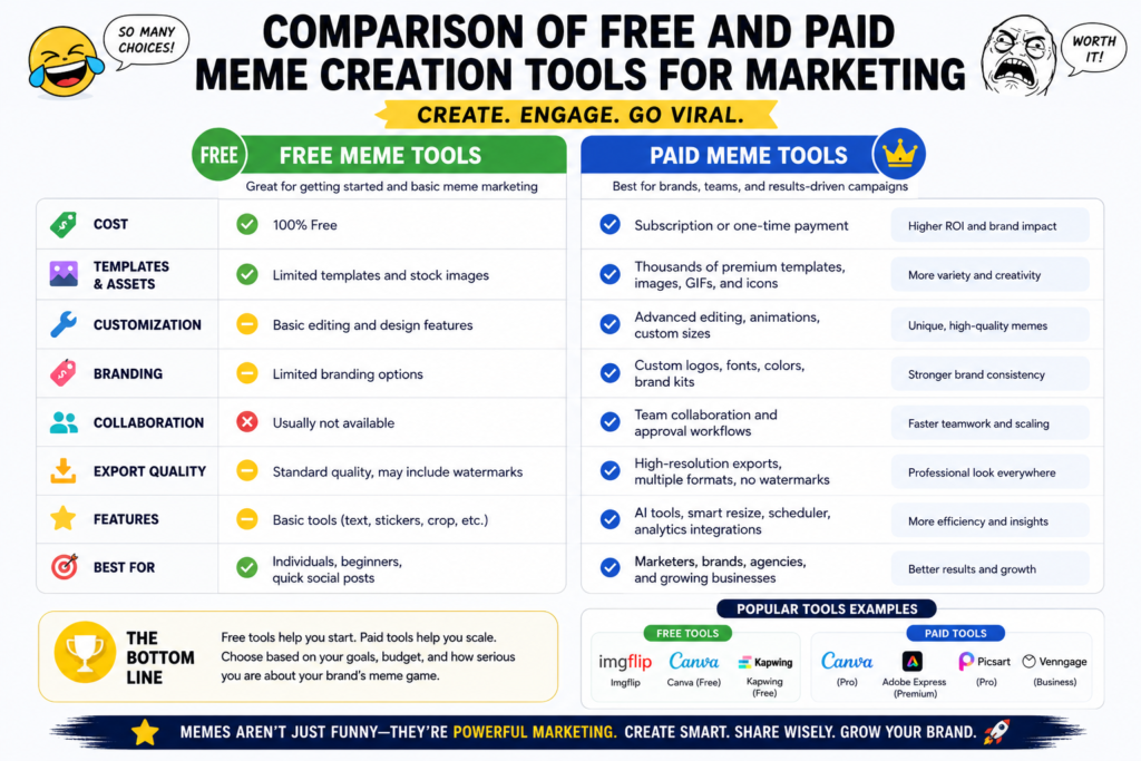 comparision of Free and paid meme creation tools for marketing