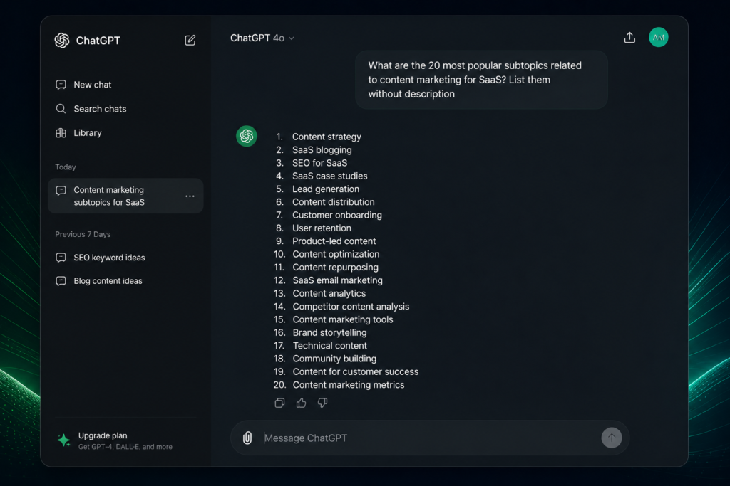 ChatGPT screenshot showing seed keyword generation prompt for content marketing SaaS topics