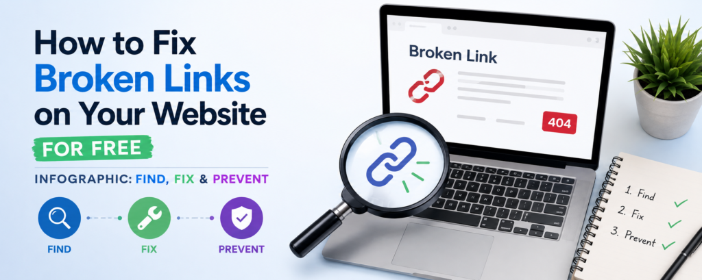 How to fix broken links on your website for free infographic showing find fix and prevent steps