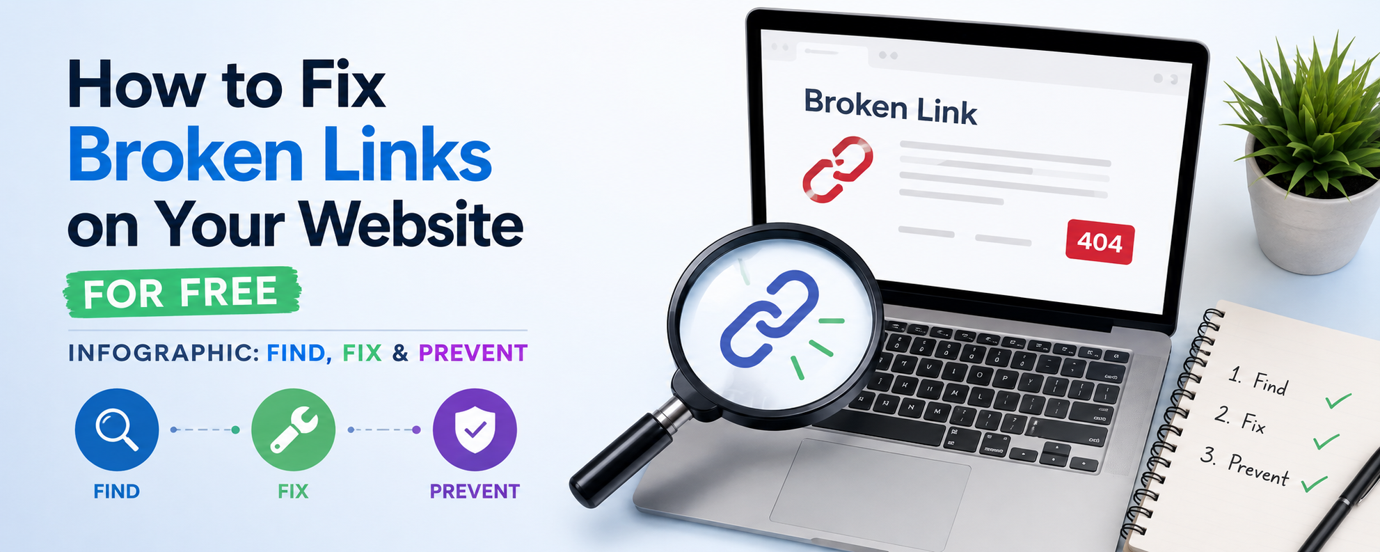 How to fix broken links on your website for free infographic showing find fix and prevent steps