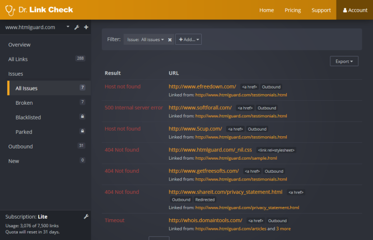Dead Link Checker free broken link report showing broken URLs and source pages