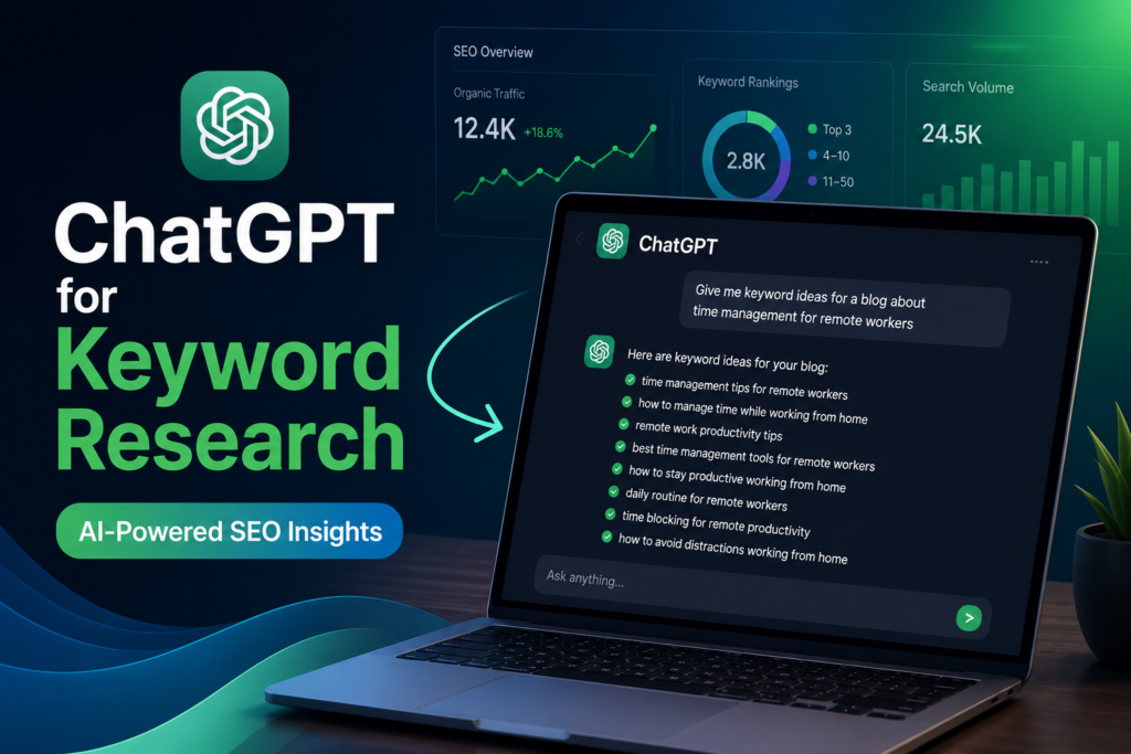 ChatGPT for keyword research 2026 guide hero image showing AI chatbot generating SEO keywords on laptop